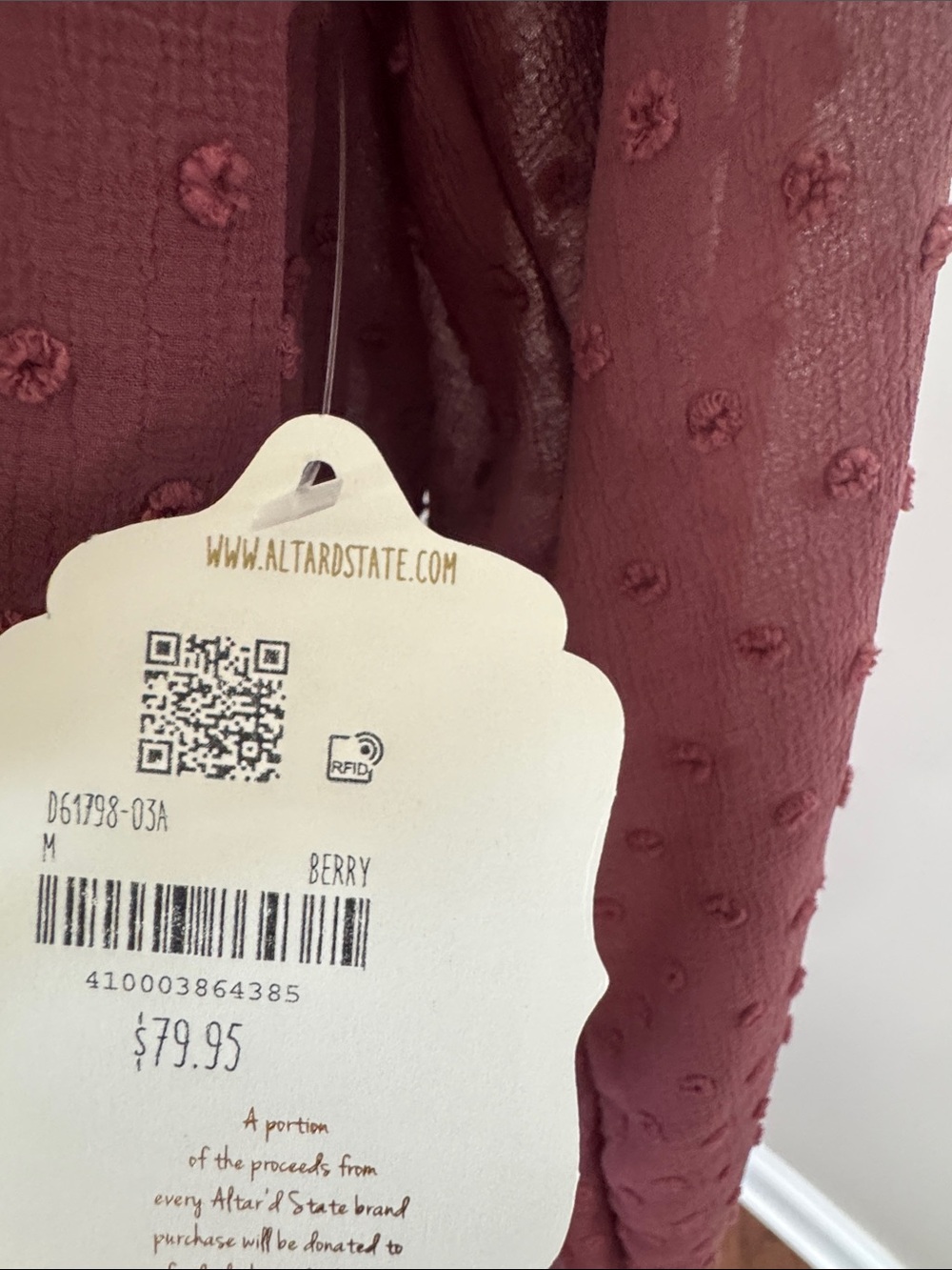 Altar'd State Dusty Rose Swiss Dot Long Sleeve Tie Neck Dress - Picture 8 of 8
